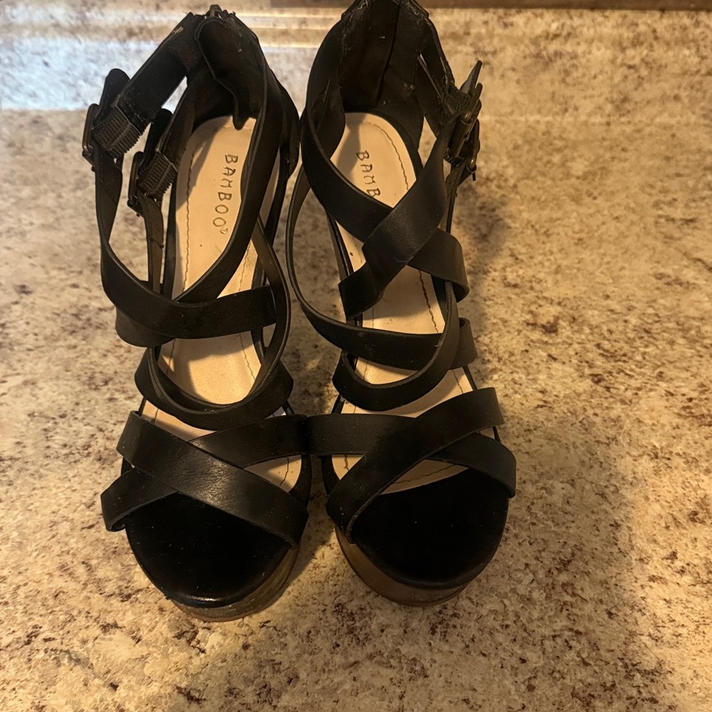 BAMBOO Black Strappy Heeled Wedge size 8.0 US